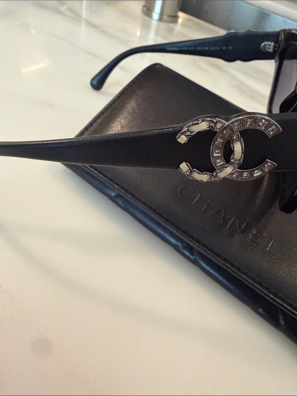 CHANEL Black Rectangular Sunglasses with Crystal CC Emblem - Picture 6 of 6